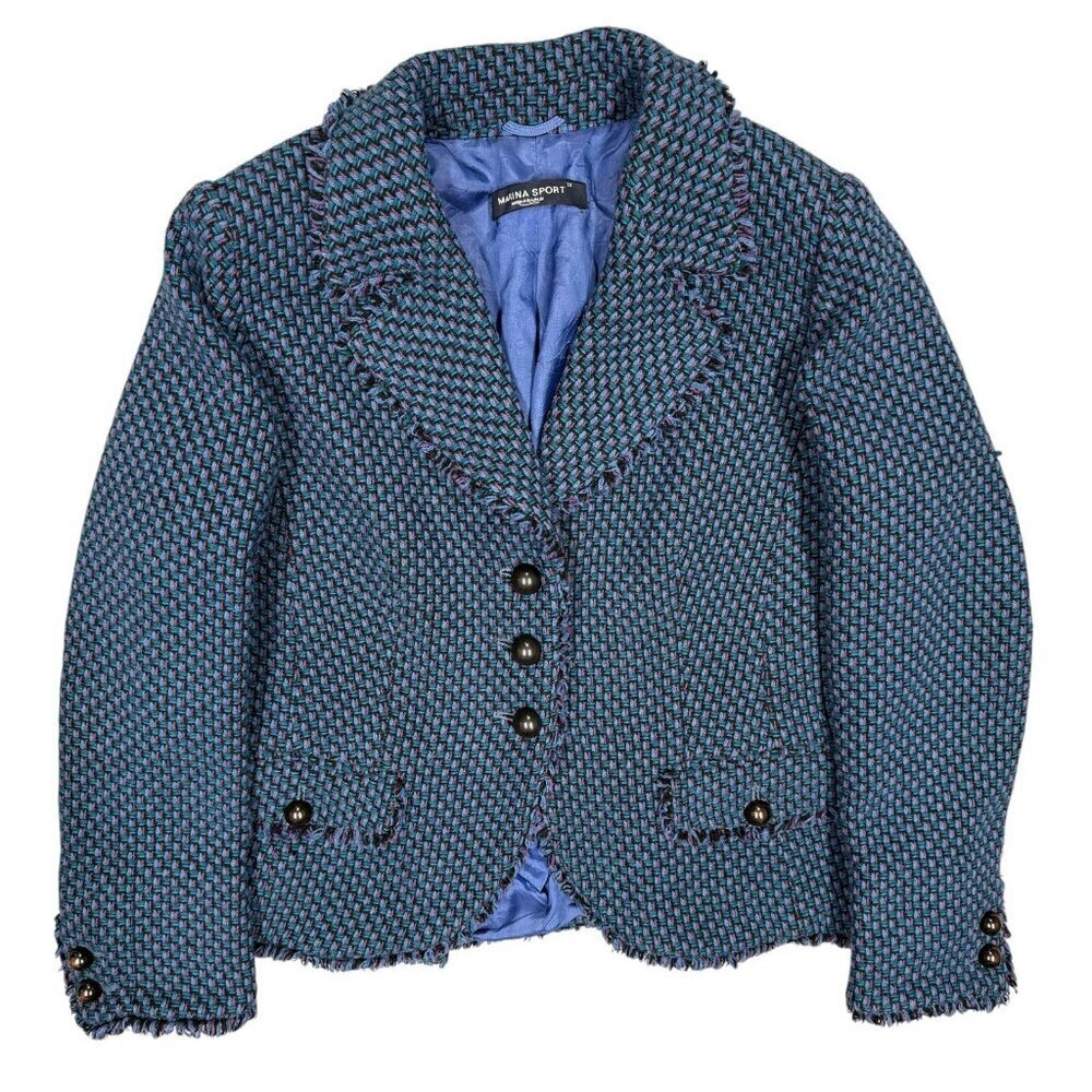 $650 Marina Rinaldi Sport Tweed Blazer Jacket Made in Italy Blue Wool 23 Medium